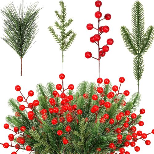 1 Jexine 100 Pcs Christmas Artificial Pine Needles Branches and Red Berry Stems Fake Greenery Pine Picks Christmas Red Berry Picks Holly Berries Xmas Fake Tree Branches for DIY Garland Wreath