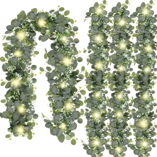 1 N&T NIETING 2 Pack Artificial Eucalyptus Garland with Lights, 6FT Artificial Greenery Garlands, Battery Operated Twig Vine for Room Stairs Mantle Wedding Holiday Decoration Indoor Outdoor