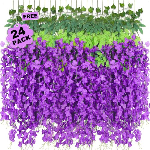 1 LELEE 25 Pack Purple Wisteria Hanging Flowers, Purple Fake Hanging Flowers, Purple Artificial Wisteria Garland, Purple Wisteria Flower Vines, Wisteria Flowers for Decor, Wisteria Garland for Backdrop
