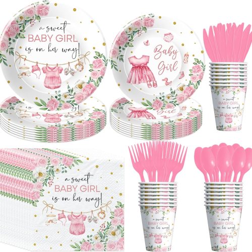 1 Pink Baby Girl Baby Shower Plates and Napkins Decorations, Floral Sweet Baby Girl Party Supplies for Gender Reveal, Paper Plate, Napkin, Cup, Disposable Cutlery, Serves 24