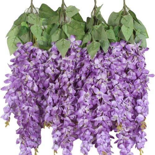 1 Duovlo Silk Wisteria Flower Artificial 2.13 Feet Hanging Wisteria Vine Fake Flower Bush String Home Party Wedding Decoration,Pack of 4 (Purple)