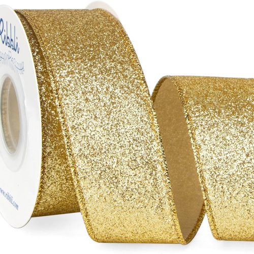 1 Ribbli Gold Glitter Wired Ribbon,Gold with Metallic Edge,Christmas Ribbon for Wreath, Christmas Tree Decoration, Gift Wrapping,Home Decor, 1-1/2 Inch x 10 Yards