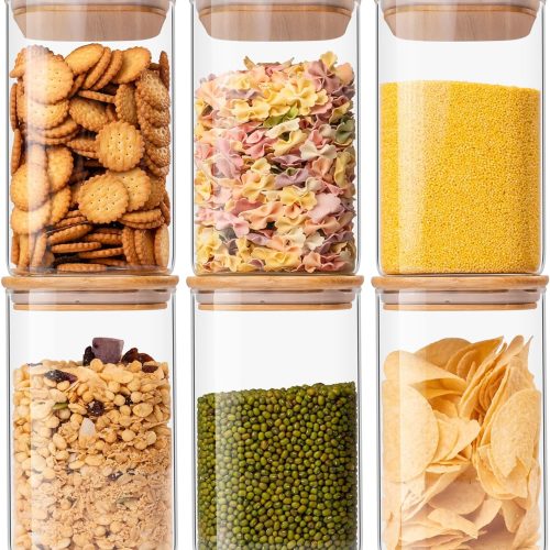 Glass Food Storage Jars 37 oz Set of 6,Glass Storage Containers Clear Glass Food Canister with Bamboo Lid Airtight For Serving Tea,Coffee,Flour,Sugar,Candy,Cookie,Spice and More (Square)