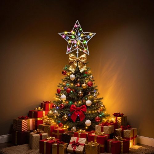 1 Christmas Tree Topper,50 LED Lighted Sparkling Star Tree Toppers Christmas Decorations,8 Lighting Modes Silver Star Xmas Decoration With Remote Control And Extra Battery Box,Glitter Christmas Ornament