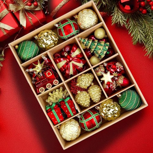 1 Alupssuc 82pcs Christmas Balls Ornaments Set, Delightful Classic Gift Set, Shatterproof Plastic Decor for Xmas Tree Holiday Wedding Party Decorations with Hanging Strings, Gold, Red and Green