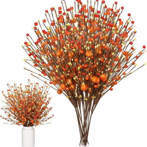 1 Cindeer 10 Pcs Artificial Thanksgiving Decorations for Fall Home Floral Stems Picks Centerpiece Fall Berry Stems 15.7in Berry Branches Autumn Orange Floral Arrangements for Home Vase Indoor Decor
