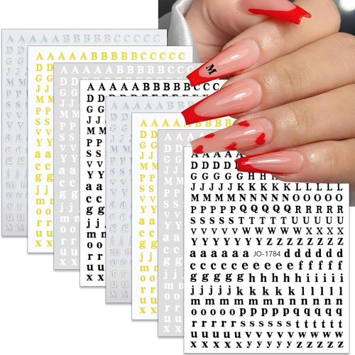 1 Letters Nail Art Stickers English Alphabet Nail Decals 3D Self-Adhesive Black White English Character Nail Art Supplies Letters Words Nail Sticker for Women Girls Nails Decoration 8 Sheets
