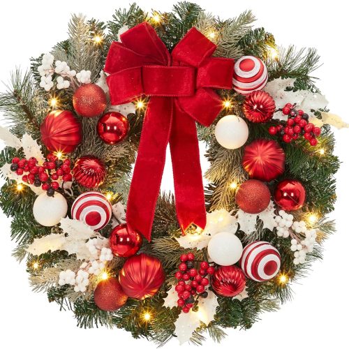 1 Garveehome 24 in Christmas Wreath With Lights for Front Door, Pre-Lit Christmas Wreath, Battery Operated, Lighted Xmas Door Wreath with Ball Ornaments for Christmas Door Fireplace Decor,Champagne Gold