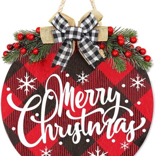 1 Merry Christmas Decorations Wreath, Merry Christmas Buffalo Plaid Hanging Sign Rustic Wooden Holiday Decor for Front Door Porch Home Window Wall Farmhouse Indoor Outdoor Decorations