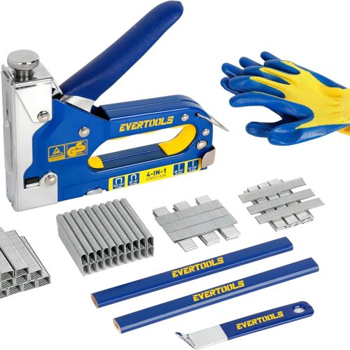 1 4-in-1 Heavy Duty Staple Gun Kit with 6,000 Staples, Adjustable Power and Jam-Free Design, Includes Staple Remover and Gloves for Upholstery, Furniture, Carpentry, Decoration and DIY