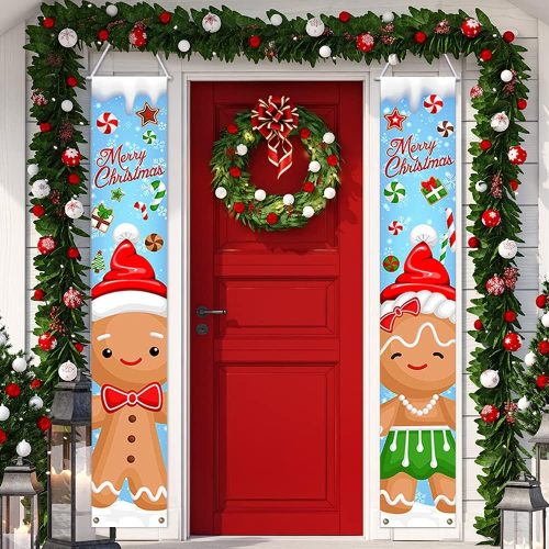 1 Gingerbread Christmas Decorations - Porch Sign Banner, Merry Christmas Hanging Door Banner for Indoor Outdoor Holiday Decorations, Party Supplies