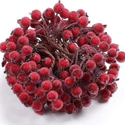 1 100 Wired Stems of Artificial Holly Berries Artificial Flower Decor 200 Pack 12 mm Mini Christmas Frosted Fruit Berry (Dark Red)