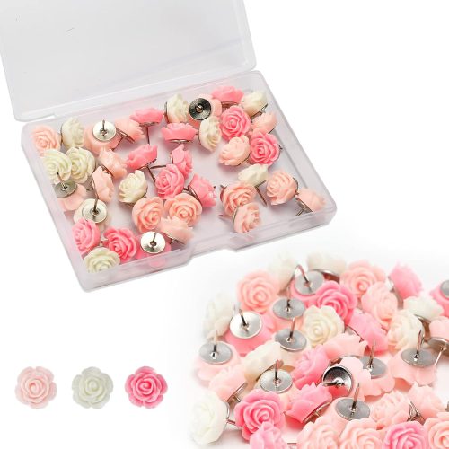 40Pcs Rose Theme Push Pins Rose Thumb Tacks Decorative Flower Cork Board Tacks for Bulletin Board, Photos Wall Maps and Other Offices Schools Supplies and Accessories, Resin…
