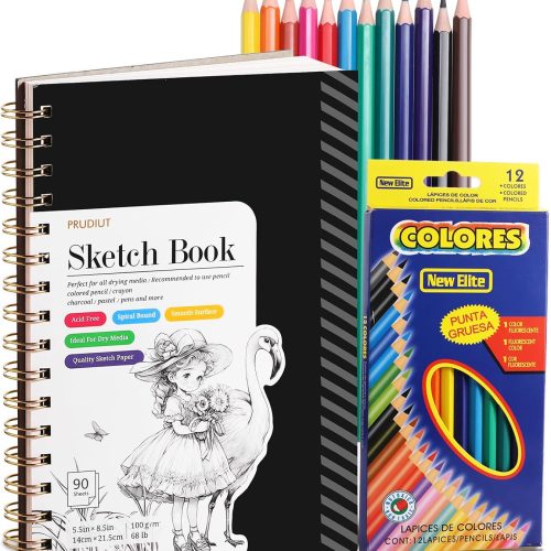 1 Sketch Book with 12 Color Pencil Set, 90 Sheets Spiral Sketchbook for Drawing (68lb/100gsm), Acid-Free Sketch Pad for Kids Artist, Art Paper Drawing Supplies for Gifts (5.5×8.5 inch)