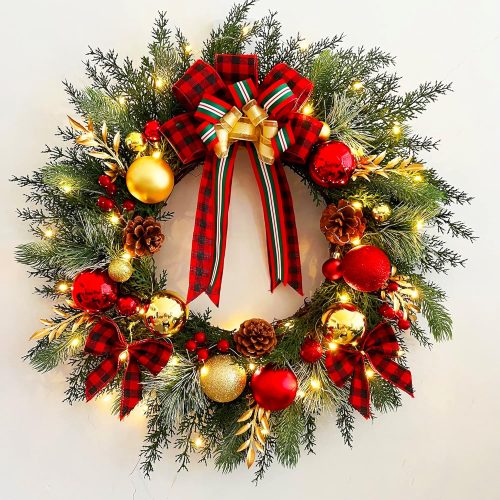 1 TOKCARE Christmas Wreath with Lights 20Inch Pre-Lit Christmas Door Wreath for Front Door with Red Plaid Bow and Ball Ornaments, Battery Operated Timer 40 LED Lights, Decoration for Fireplace Xmas