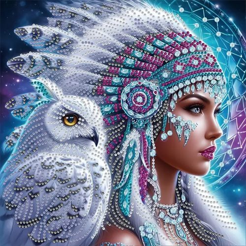 1 5D Diamond Art Kits for Adults Beginners,Indian Young Woman and Owl DIY Full Round Drill Diamond Painting Kits,Rose Paint by Diamonds Dots Gem Art Easy,Home Wall Decor 14X14 Inch