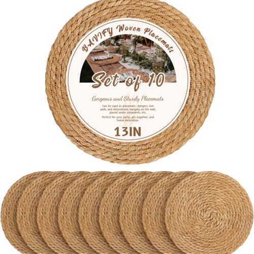 1 13 in Round Woven Placemats Plate Chargers Set of 10, Boho Farmhouse Rustic Woven Place Mats for Dining Table Decor, Rattan Wicker Table Mats Jute Braided Chargers for Dinner Plates