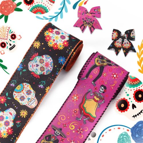 1 Hying Mexican Days of The Dead Ribbons - Wired Edge, Burlap, Purple & Black, Skull & Skeleton Pattern, 2 Rolls for Wreath Bows, Gift Wrapping & Dia De Los Muertos Decor