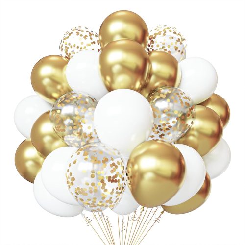 1 White and Gold Confetti Latex Balloons, 50 Pack 12 inch gold and white Party Balloons with Ribbons for Birthday Graduation Wedding Bridal Shower Party Decoration