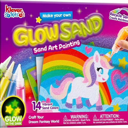 1 Klever Kits Glow Sand Art Kits for Kids, Glow in The Dark Sand Painting with 14 Colors, Kids Crafts, 6 Fantasy Templates & 4 DIY Sheets, Mess Free Arts and Crafts, Unicorn Gifts for Girls Ages 5+