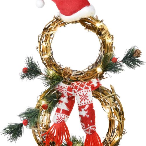 1 DearHouse Lighted Christmas Decoration, 16 x 8 Inch Grapevine Wreath with Hat and Scarf Snowman Shape for Front Door Home Garden Wall Decor