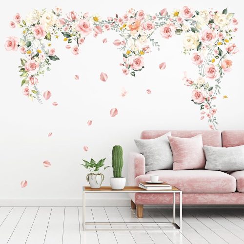 1 Flower Wall Decals Hanging Vine Flower Wall Stickers Pink Rose Flower Wall Decor Spring Floral Home Decorations for Nursery Living Room Girls Bedroom