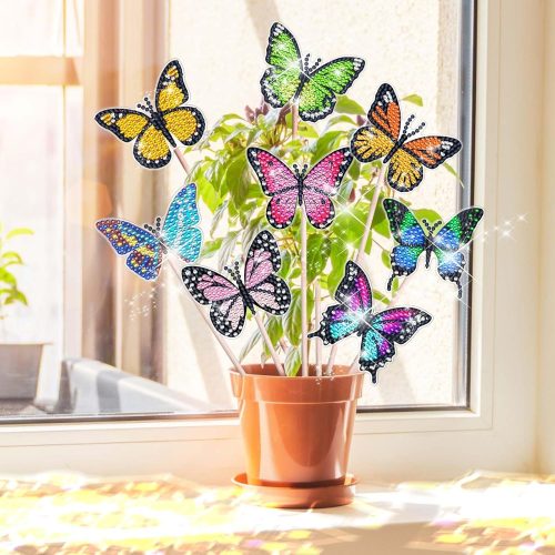 1 BSRESIN 8 PCS Butterfly Diamond Art for Garden Decor, Butterfly Garden Stake Diamond Art Craft Kits for Adults, Crafts Diamond Art Accessories