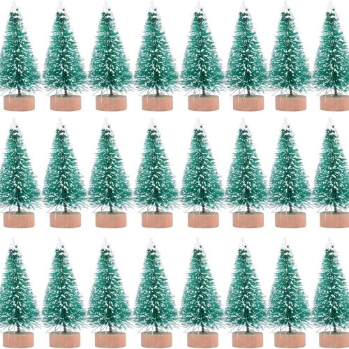 1 24 Pieces Artificial Mini Christmas Sisal Snow Frost Trees with Wood Base Bottle Brush Trees Plastic Winter Snow Ornaments Tabletop Trees for Christmas Party Home Decoration (Green)