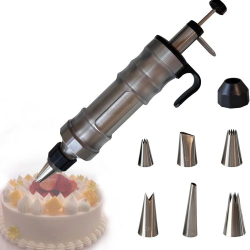1 Dessert Decorating Piping Syringe Set Cake Decorating Tool Cookie Gun Press,Icing Decoration Gun,Frosting Piping Kit 6 Piping Icing Nozzles for Baking,Decorating Cupcake,Deviled Eggs (Silver & Black)