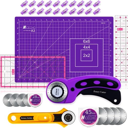1 Rotary Cutter Set,Nicecho Sewing Quilting Supplies,45mm & 28 mm Fabric Cutters,8 Rotary Cutter Blades,A3 Cutting Mat for Sewing,6x12 & 2.5x12 In Quilting Rulers,Ideal Quilt kits for Lovers & Beginners