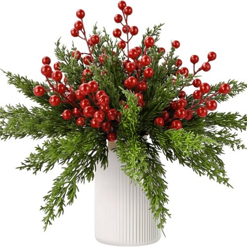 1 45Pcs Artifical Christmas Pine Branches with Red Holly Berries,Faux Pine Greenery Flowers Artificial Stems,Fake Cedar Pine Needles Picks for Christmas Tree Decorations Indoor Decor Floral Gifts