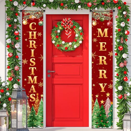 1 Christmas Door Banner Christmas Tree Door Banner Red and Green Xmas Door Decorations Xmas Porch Sign Holiday Banner Xmas Photo Booth Props for Door Wall