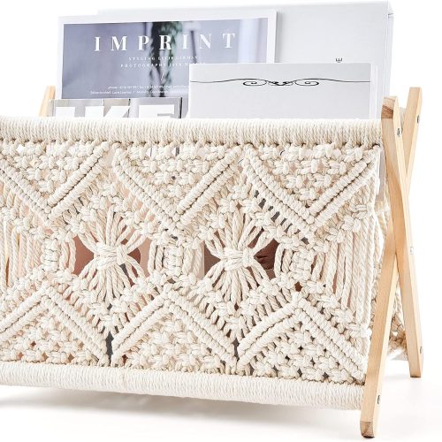 1 Mkono Macrame Magazine Rack Boho Storage Holder Standing Basket for Books, Newspapers, Swaddle Blanket, Dorm Essentials, Living Room, Bathroom, Office, Nursery, Home Decor, Medium Size, 14”L x 10”W