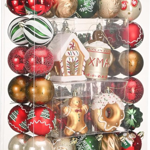 1 DecorbyHannah 100ct Christmas Ornaments Set, Gingerbread Red Green Gold Christmas Tree Decorations, Assorted Shatterproof Plastic Hanging Ball Ornaments Bulk for Xmas Home Party Indoor Decor