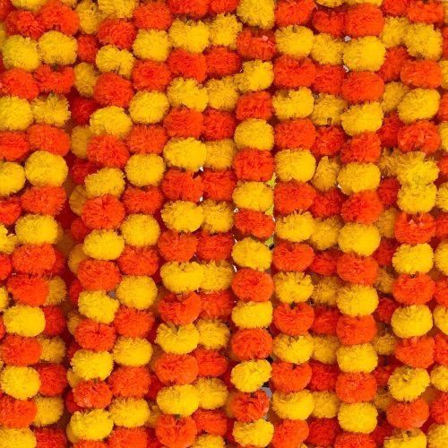 1 Marigold Garland for Decoration 5 Pcs of 5 feet Long Strands Artificial Marigold Flowers, Indian Décor for Pooja, Wedding Christmas, Events Decorations