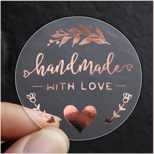 Handmade Rose Gold Foil Stickers Handmade with Love Foil Transparent Labels Small Business Stickers Craft Labels, 100 Pcs/Lot, 1.6 inch