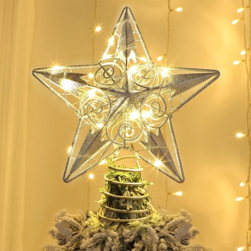 Star Tree Topper with 20 LED Lights, Metal Silver Lighted Treetop Ornaments, Battery Powered Light Up Christmas Tree Decorations, 6.5 x 6.5 Inches