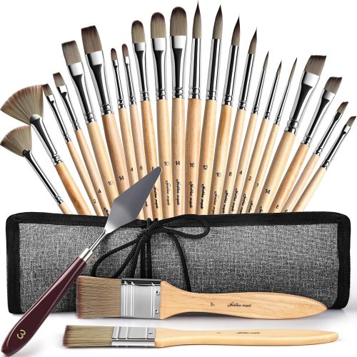 Acrylic Paint Brush Set, Golden Maple 25 PCS Paint Brushes for Acrylic Painting Oil Watercolor & Canvas,Enhanced Synthetic Brush Set with Cloth Roll and Palette Knife