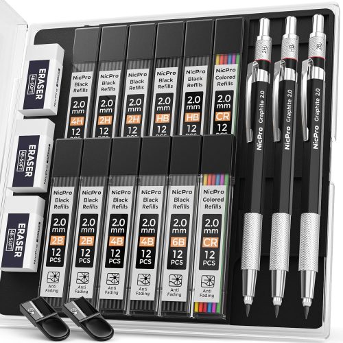 2mm Metal Mechanical Pencil Set with Case, 3PCS Lead Pencil Holder 2.0 mm with 144PCS Lead Refills (4H 2H HB 2B 4B 6B Color), Eraser, Sharpener for Drafting Writing Drawing Sketching