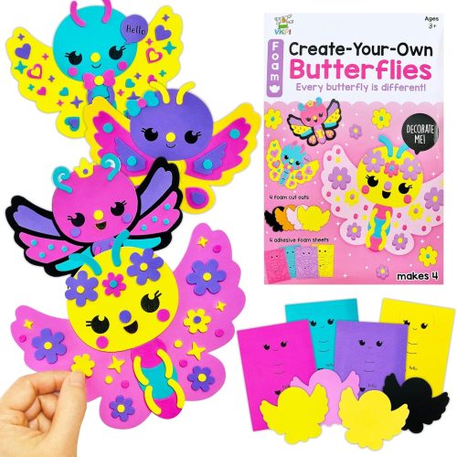 VKPI 4 Butterflies Foam Art Crafts Gift Kit, Creative Make Your Own Butterflies, Cartoon Paper Craft Projects for Kids Ages 4+ Toddler, Preschool Learning Toy for Birthday Party Favor Supplies