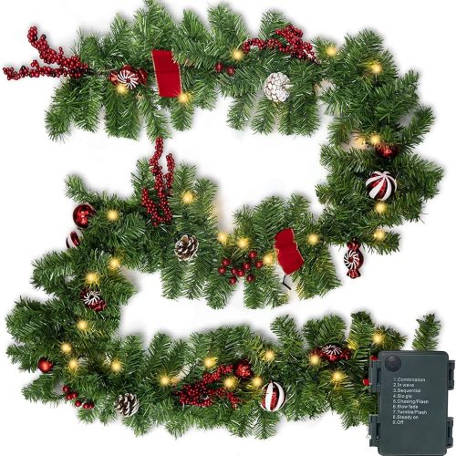 Nerosun 9FT Christmas Garland with 50LED Lights, Battery Operated Prelit Garland Christmas Decorations Timer 8 Mode, Artificial Outdoor Christmas Garland Greenery Pinecone for Indoor Door Decor