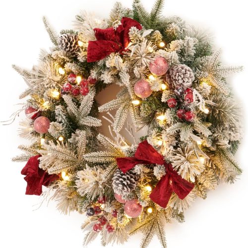 Pre-lit Snow Christmas Wreath with Red Balls,Berries and Bows,24 Inch 50 Battery Operated LED Lights,Holiday Decoration for Front Door Outdoor