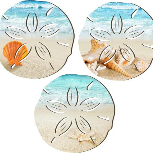 Tatuo 3 Pcs Christmas Coastal Wall Decor Beach Wall Art Blue Sea Turtle Surfboard Seahorse Starfish Seashell Conches Crabs Sea Life Decor for Bathroom Bedroom Home (Sand Dollar Style)