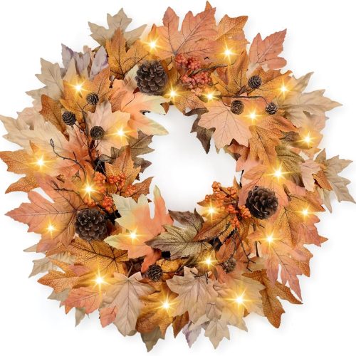22 Inch Fall Wreaths for Front Door Outside Timer Function Pinecones Berries Autumn Fall Wreaths with 30 Warm Lights Decorations for Home Wall Porch Door Yard Harvest Mantle Fireplace Window Decor