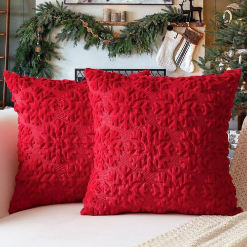 Christmas Pillow Covers 18'' x 18'' Set of 2, Soft Faux Rabbit Fur 3D Embroidery Snowflakes Throw Pillow Covers For Holiday Christmas Decor Sofa, Couch, Party, Invisible Zipper, Skin-Friendly