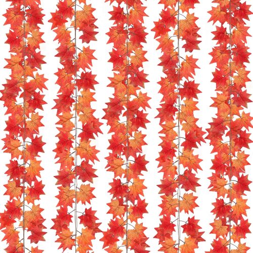 CQURE 5 Pack Fall Leaf Garland, Hanging Vines Garland Artificial Fall Maple Leaves Thanksgiving Decor for Home Wedding Fireplace Party(Deep Orange)