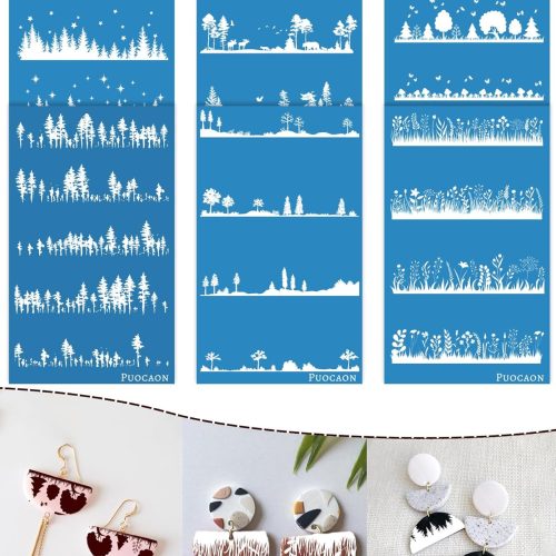 Puocaon Pine Clay Silk Screen - 6 Pcs Reusable Pine Tree Stencils for Polymer Clay Jewelry Making, Forest Screen for Earrings