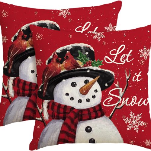 AVOIN colorlife Let it Snow Snowman Christmas Red Throw Pillow Covers Set of 2, 18 x 18 Inch Winter Holiday Cushion Case Decoration for Sofa Couch