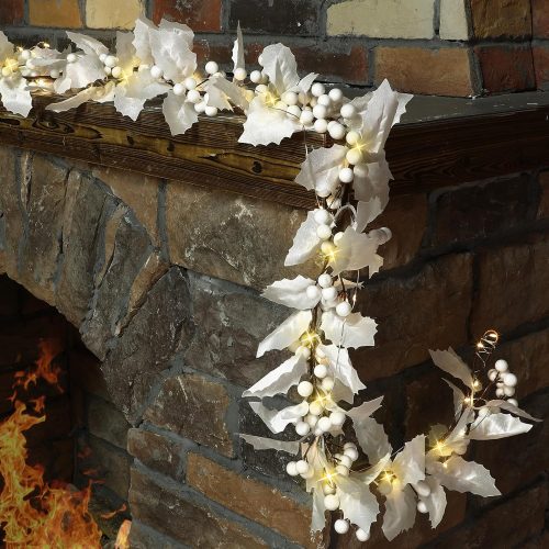 Syhood Winter Berry String Garland 6ft Lighted Artificial Berry Holly Leaves Garland Indoor Decor for Holiday Fireplace Mantel(White)