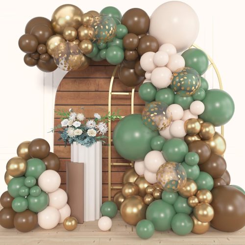 Amandir 153pcs Sage Green Brown Balloon Garland Arch Kit, Different Sizes 18 12 10 5 inch Olive Green Gold Latex Metallic Confetti Balloons for Safari Jungle Woodland Birthday Baby Shower Decorations